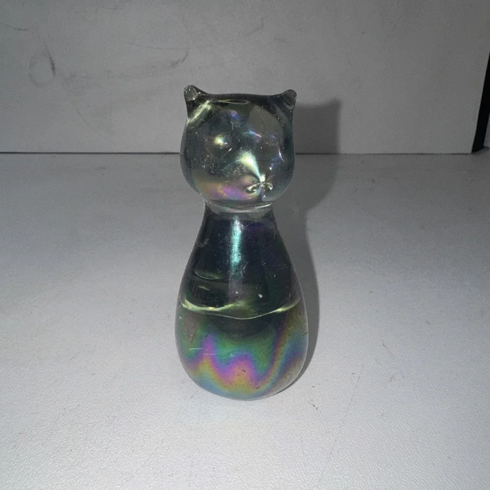 Vintage Mexican Iridescent Blown Glass Cat Figurine – Tonala Style 3.5